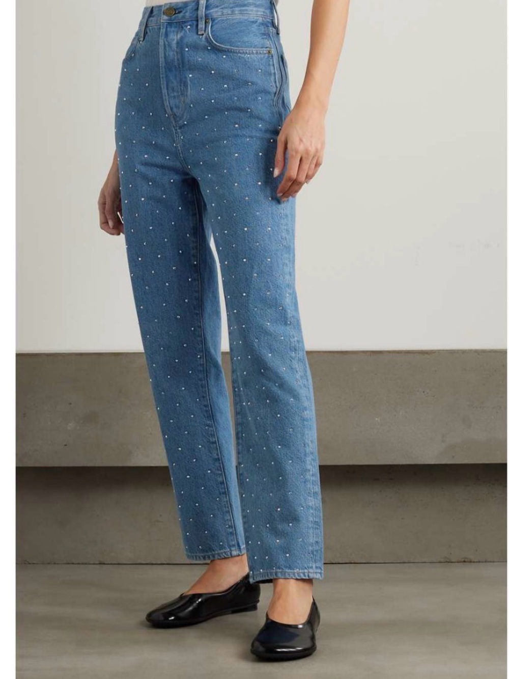 Frame Denim Light Blue Pearl-Studded Straight-Leg Jeans